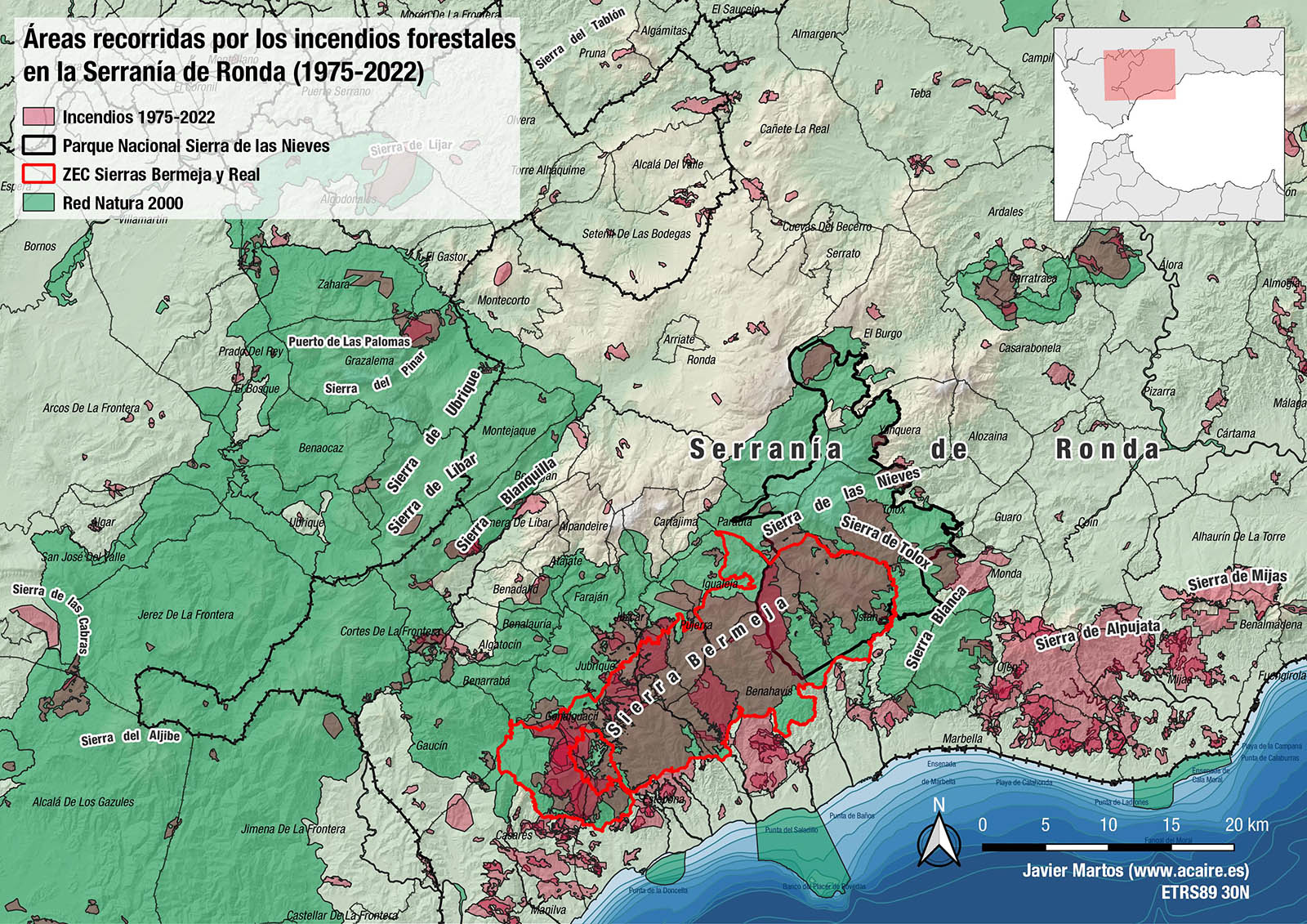 Incendios forestales en la Serranía de Ronda, entre 1975-2022 (Autor: Javier Martos)