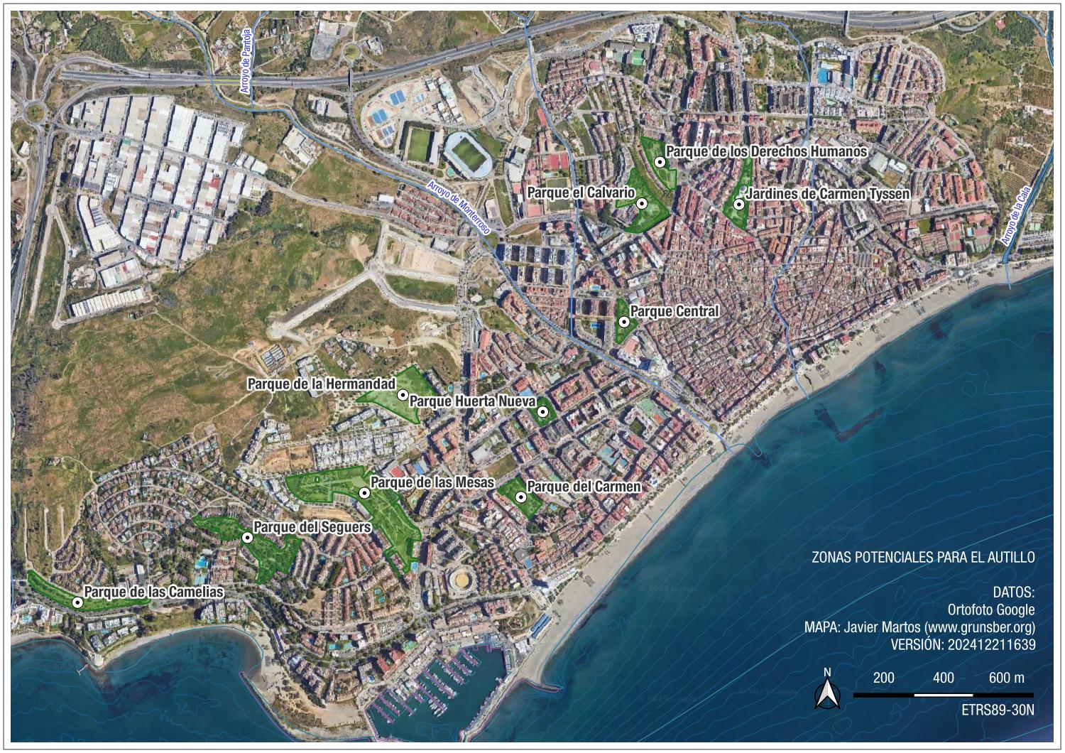 Zonas potenciales para la instalación de cajas-nido para autillo en Estepona